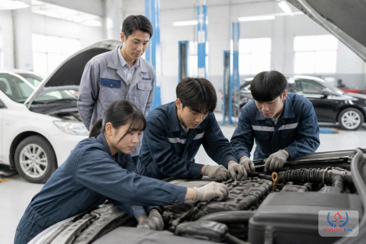 Nh&oacute;m sinh vi&ecirc;n cao đẳng c&ugrave;ng giảng vi&ecirc;n thực h&agrave;nh tr&ecirc;n động cơ &ocirc; t&ocirc;