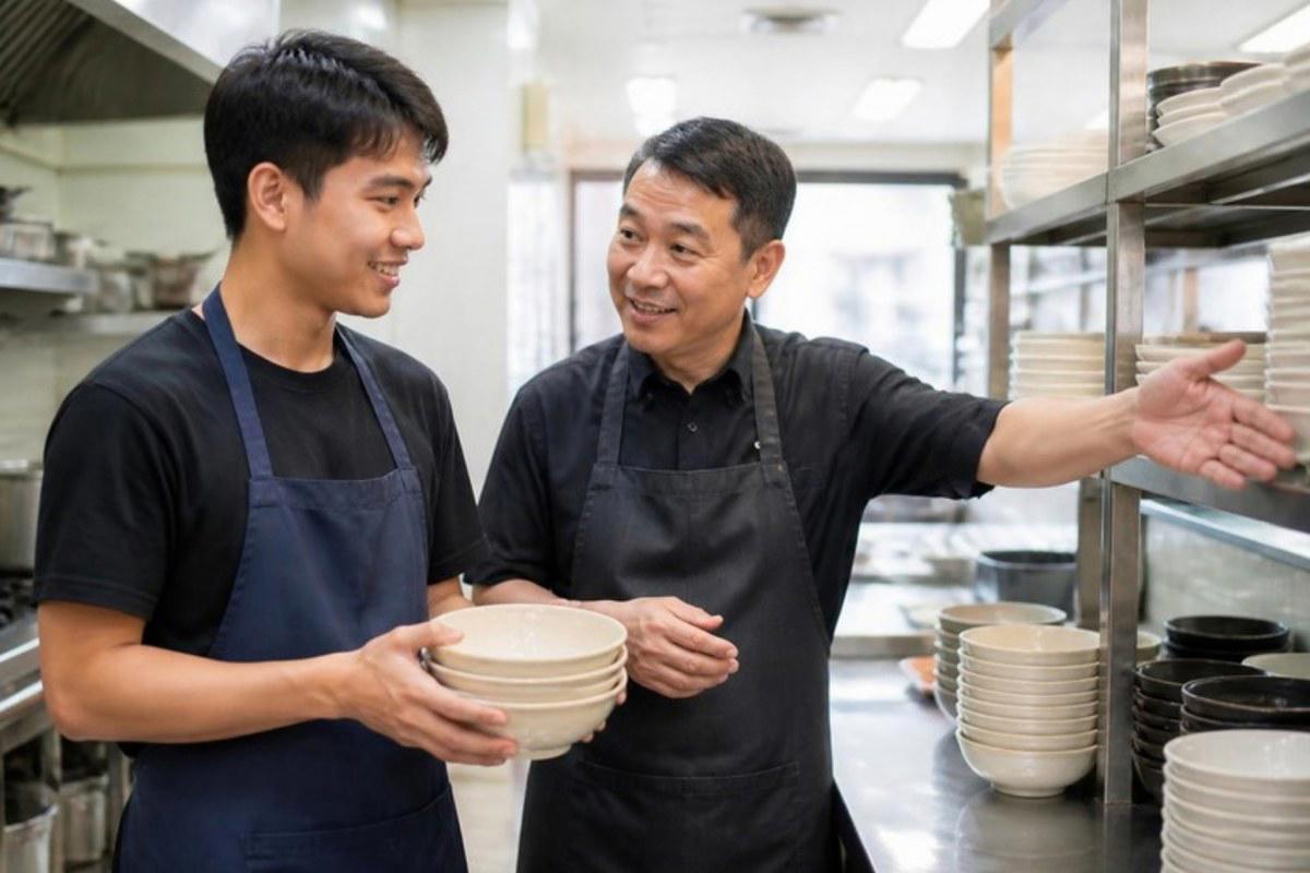 Chủ quán Hàn Quốc hướng dẫn du học sinh làm thêm cách xếp bát trong bếp