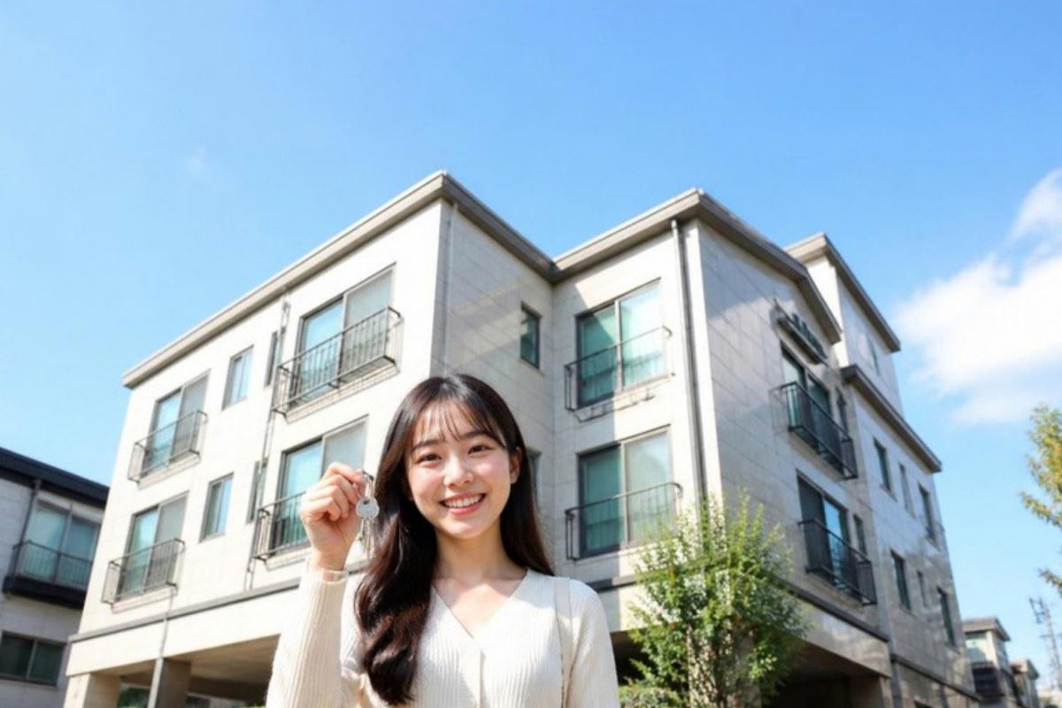 Du học sinh Việt Nam cầm chìa khóa trước tòa nhà villa kiểu Hàn Quốc