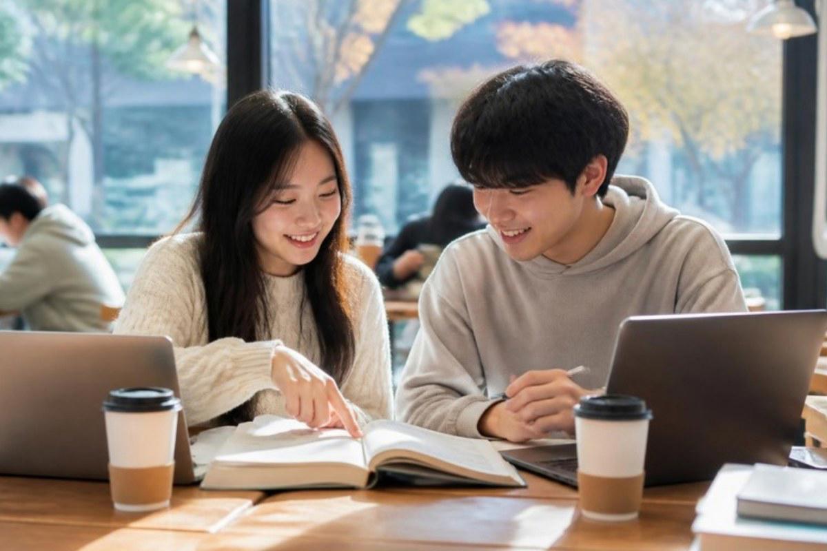 Hai du học sinh Việt Nam cùng ôn TOPIK trong quán cà phê ở trường đại học Hàn Quốc
