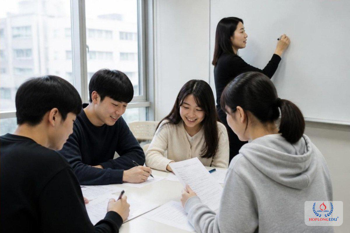 Nhóm học viên cùng giáo viên chữa bài luyện đề trong lớp tiếng Hàn