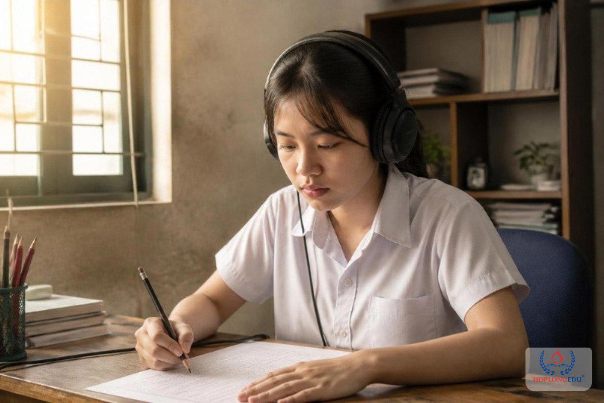 Bạn nữ đeo tai nghe chùm tai làm bài luyện nghe, ghi đáp án vào phiếu