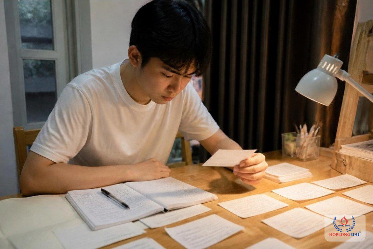 Bạn nam ôn từ vựng tiếng Hàn bằng thẻ tự làm bên bàn học buổi tối