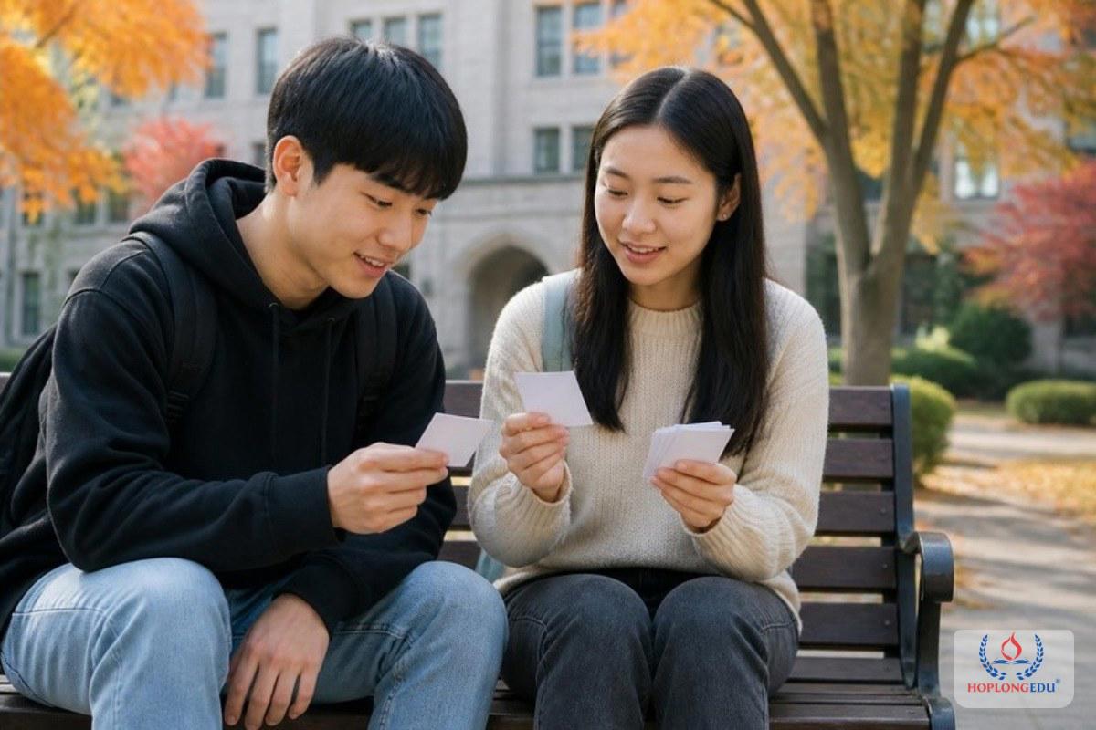 Hai du học sinh ôn từ vựng tiếng Hàn bằng thẻ trong sân trường
