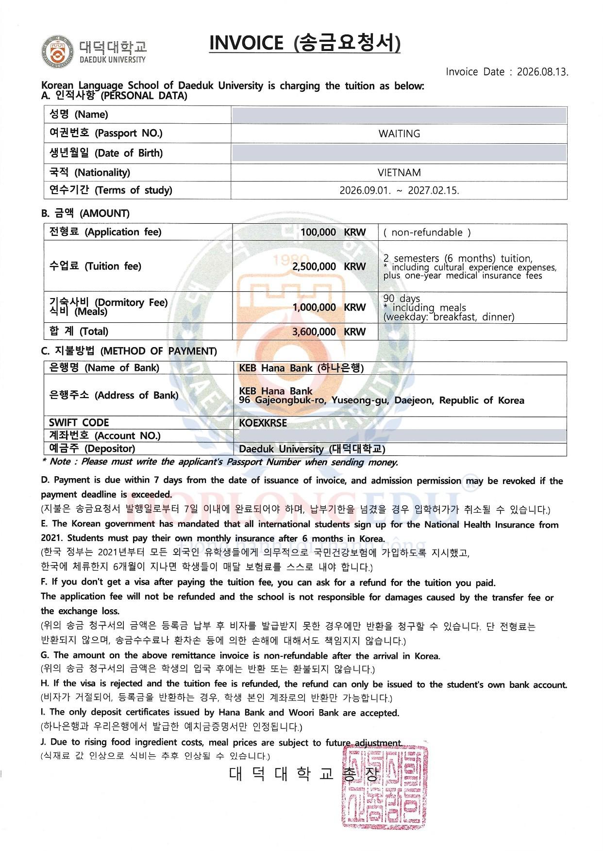 Hóa đơn học phí hệ tiếng 6 tháng của Đại học Daeduk, đã che thông tin cá nhân