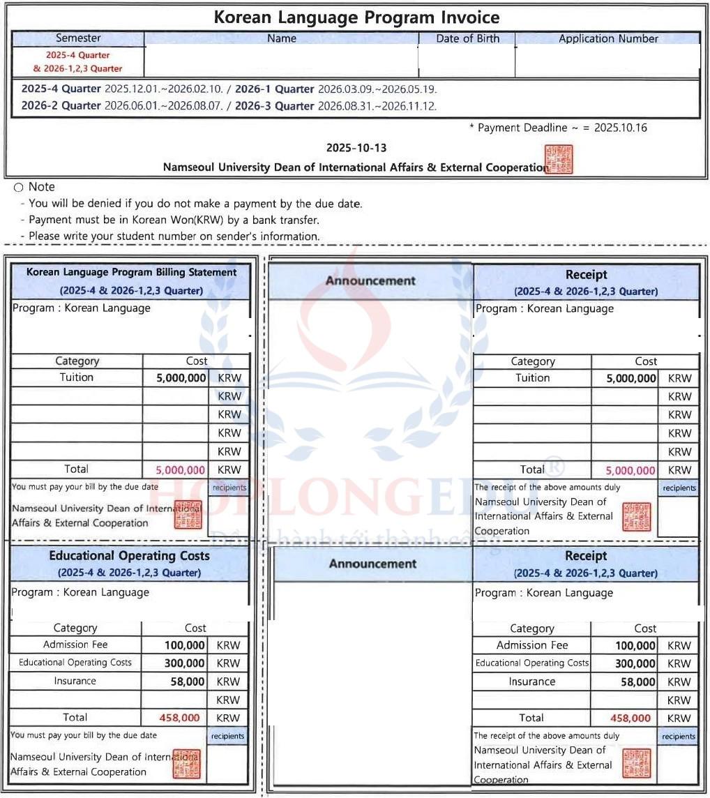 Hóa đơn học phí hệ tiếng 1 năm của Đại học Namseoul, đã che thông tin cá nhân