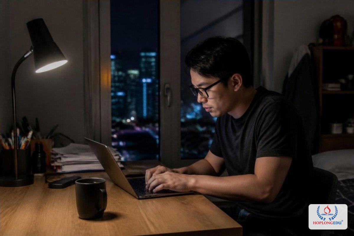 Học viên học khuya với máy tính trong căn phòng nhỏ ở Hàn Quốc