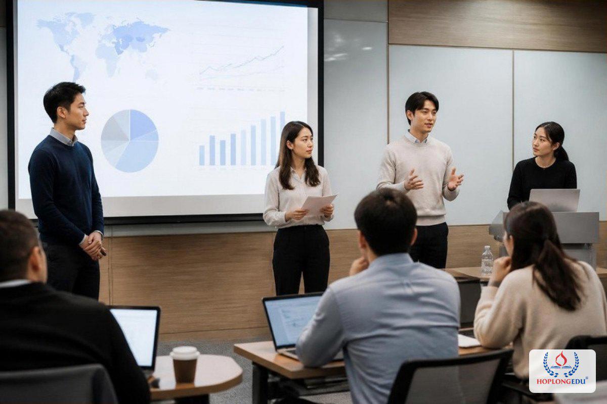 Học viên trình bày tình huống kinh doanh toàn cầu trong lớp thạc sĩ