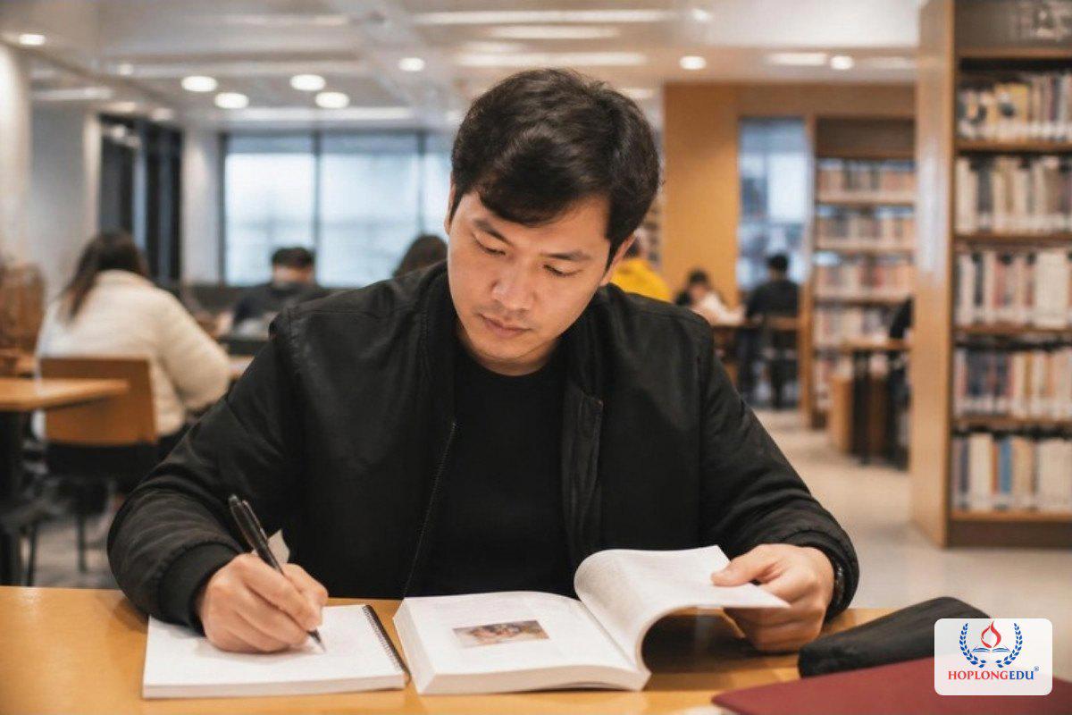 Học viên tự học tiếng Hàn trong thư viện