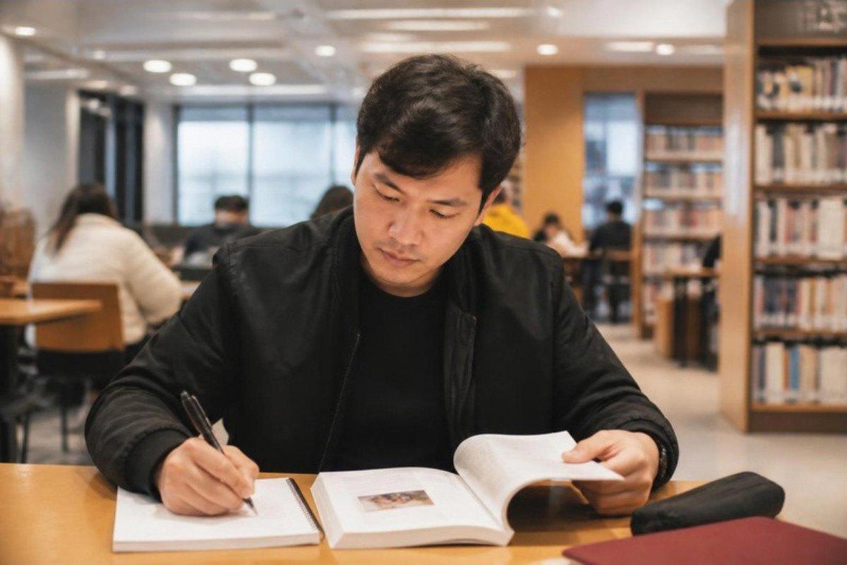 Học viên tự học tiếng Hàn trong thư viện