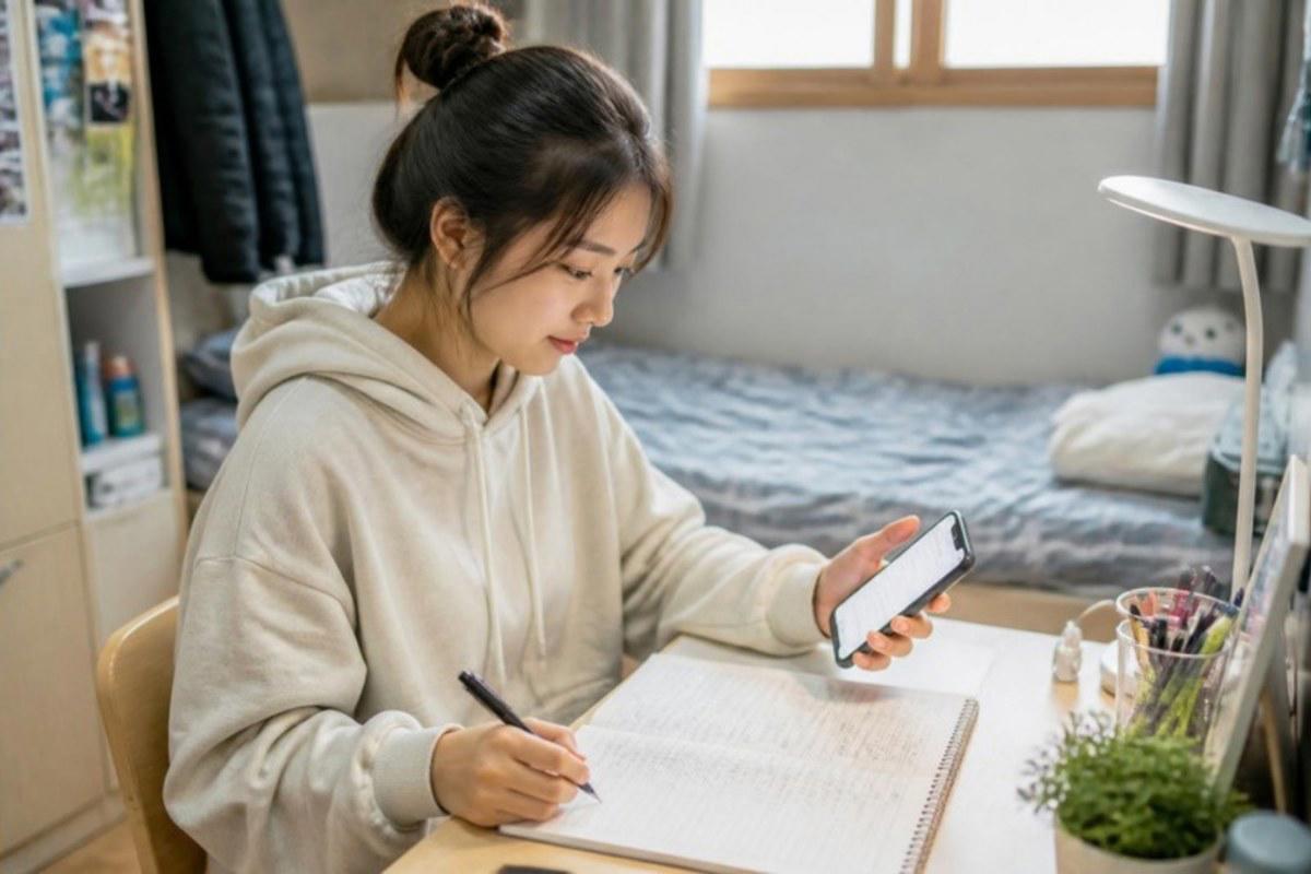 Du học sinh Việt so giờ làm tự ghi trong sổ với bảng lương làm thêm trên điện thoại