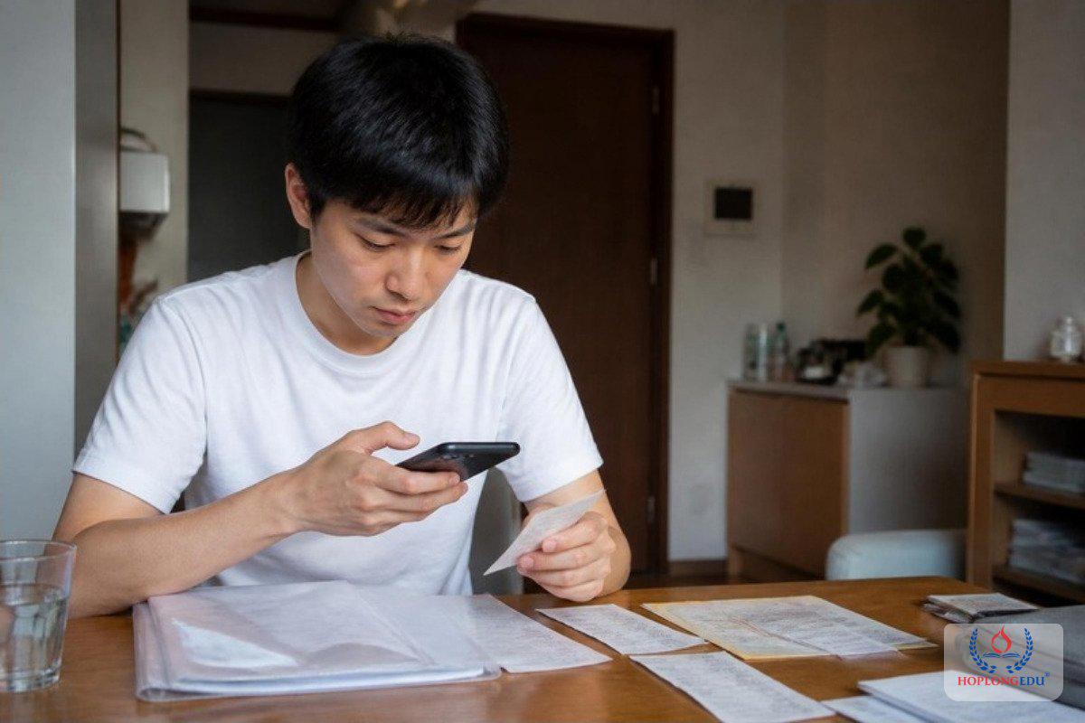 Bạn nam chụp lại giấy khám bệnh và hóa đơn bằng điện thoại để lưu bằng chứng