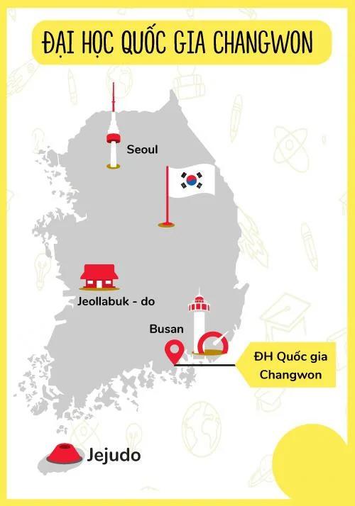 Bản đồ Hàn Quốc đánh dấu vị trí Đại học Quốc gia Changwon ở tỉnh Gyeongsangnam, gần Busan