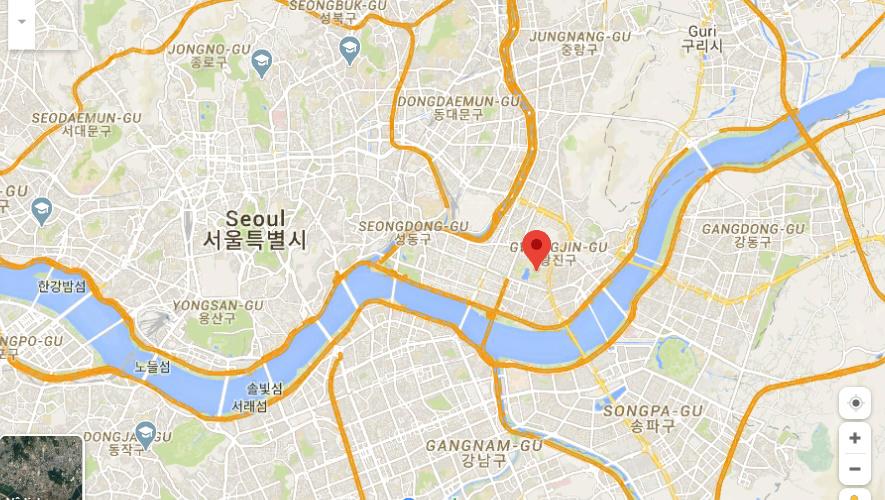 Bản đồ Seoul đánh dấu vị trí Đại học Konkuk ở quận Gwangjin, phía bắc sông Hàn