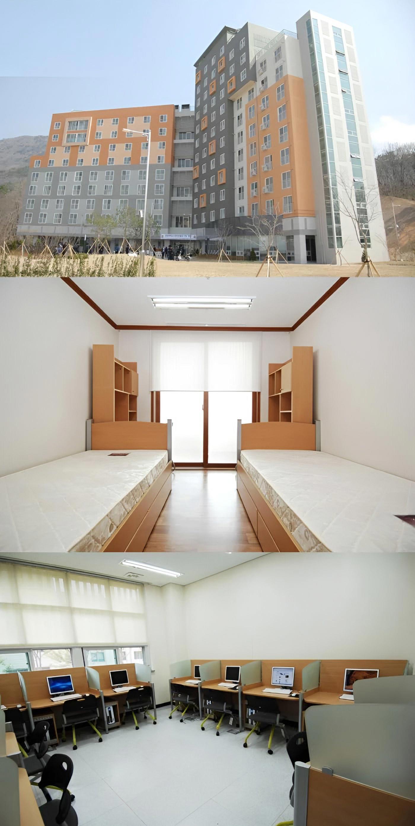 Toà ký túc xá, phòng ở hai giường và phòng máy tính tại Đại học Quốc gia Changwon