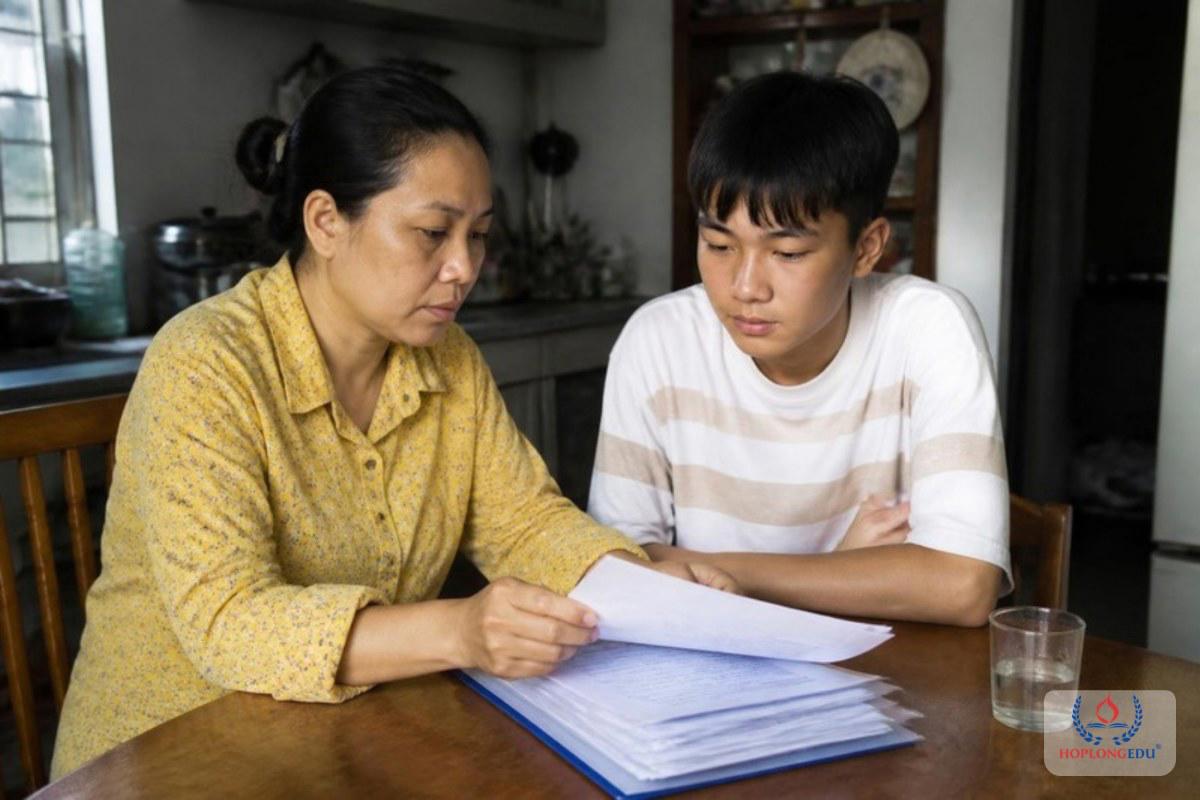 Mẹ và con trai cùng sắp xếp tập giấy tờ hồ sơ trên bàn ở nhà