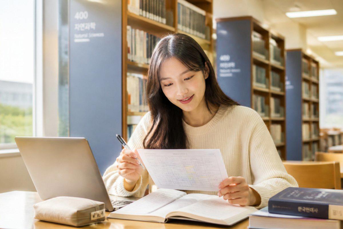 Nữ du học sinh ôn bài trong thư viện trường đại học Hàn Quốc vào buổi chiều