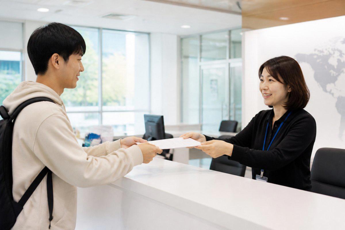 Sinh viên châu Á đưa giấy tờ bằng hai tay cho nhân viên phòng quốc tế trường đại học Hàn Quốc