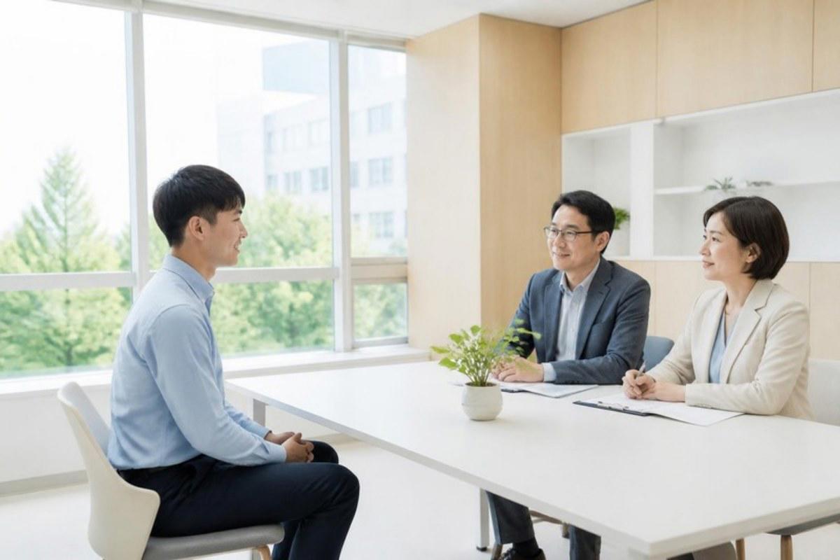 Nam sinh mặc sơ mi xanh ngồi thẳng trả lời hai giáo sư trong buổi phỏng vấn trực tiếp tại trường Hàn Quốc