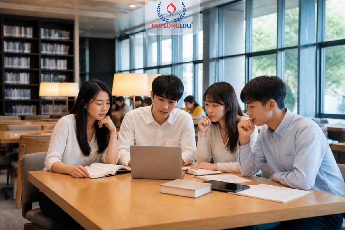 Du học sinh Việt Nam học nh&oacute;m trong thư viện của một trường đại học địa phương ở H&agrave;n