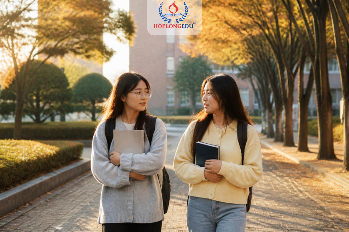 Hai nữ du học sinh Việt Nam đi trên con đường trong khuôn viên trường, ảnh minh họa