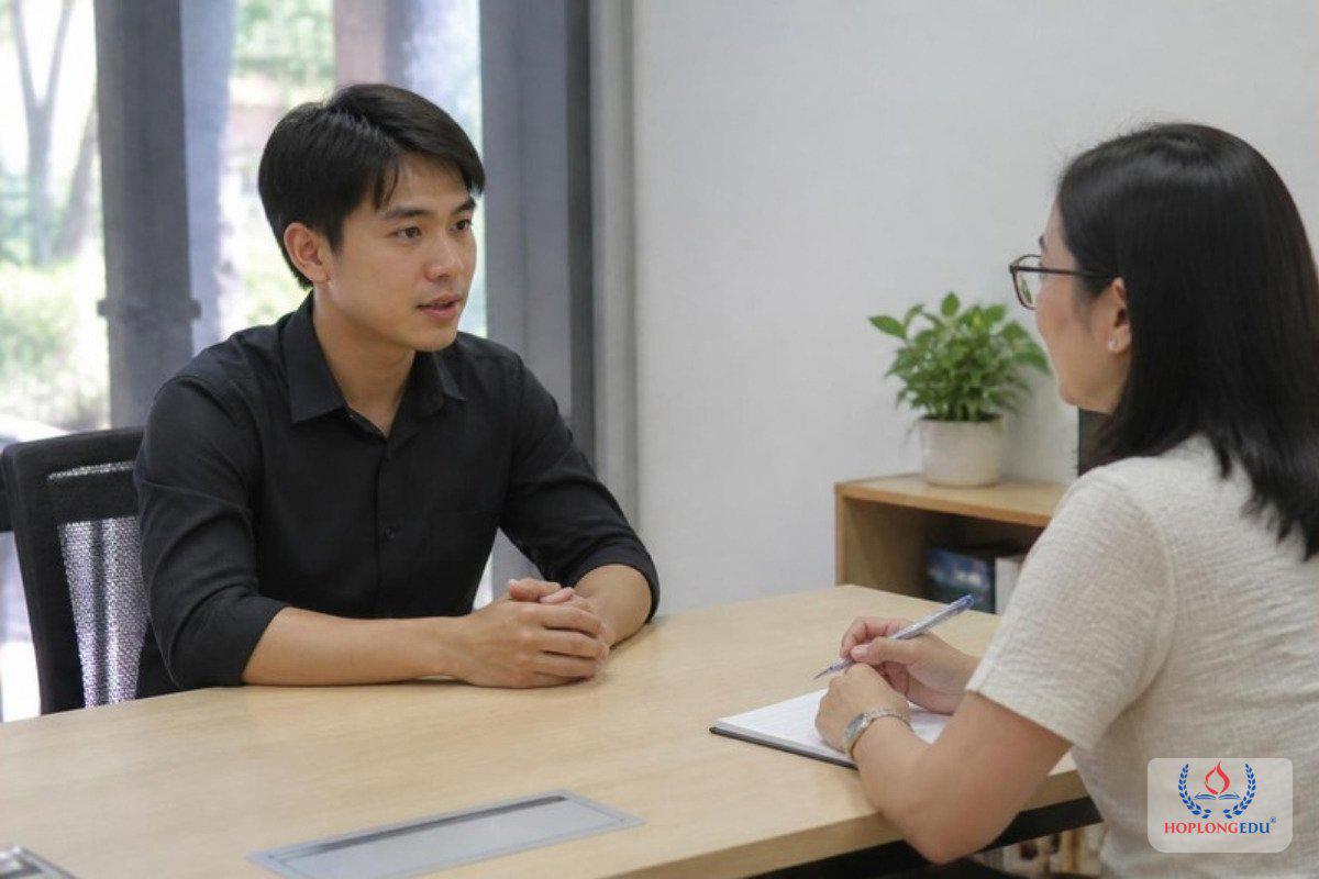 Bạn nam luyện trả lời phỏng vấn với tư vấn viên tại văn phòng