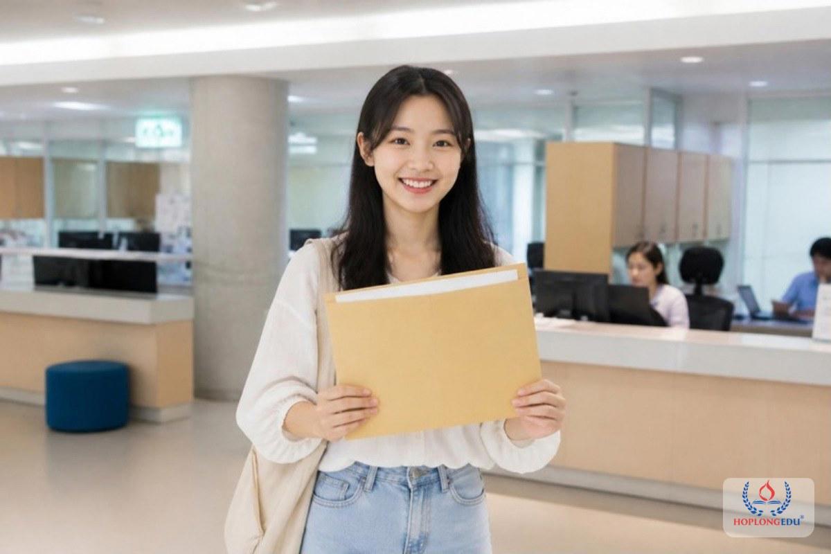 Nữ sinh cầm phong bì giấy tờ ở văn phòng trường đại học
