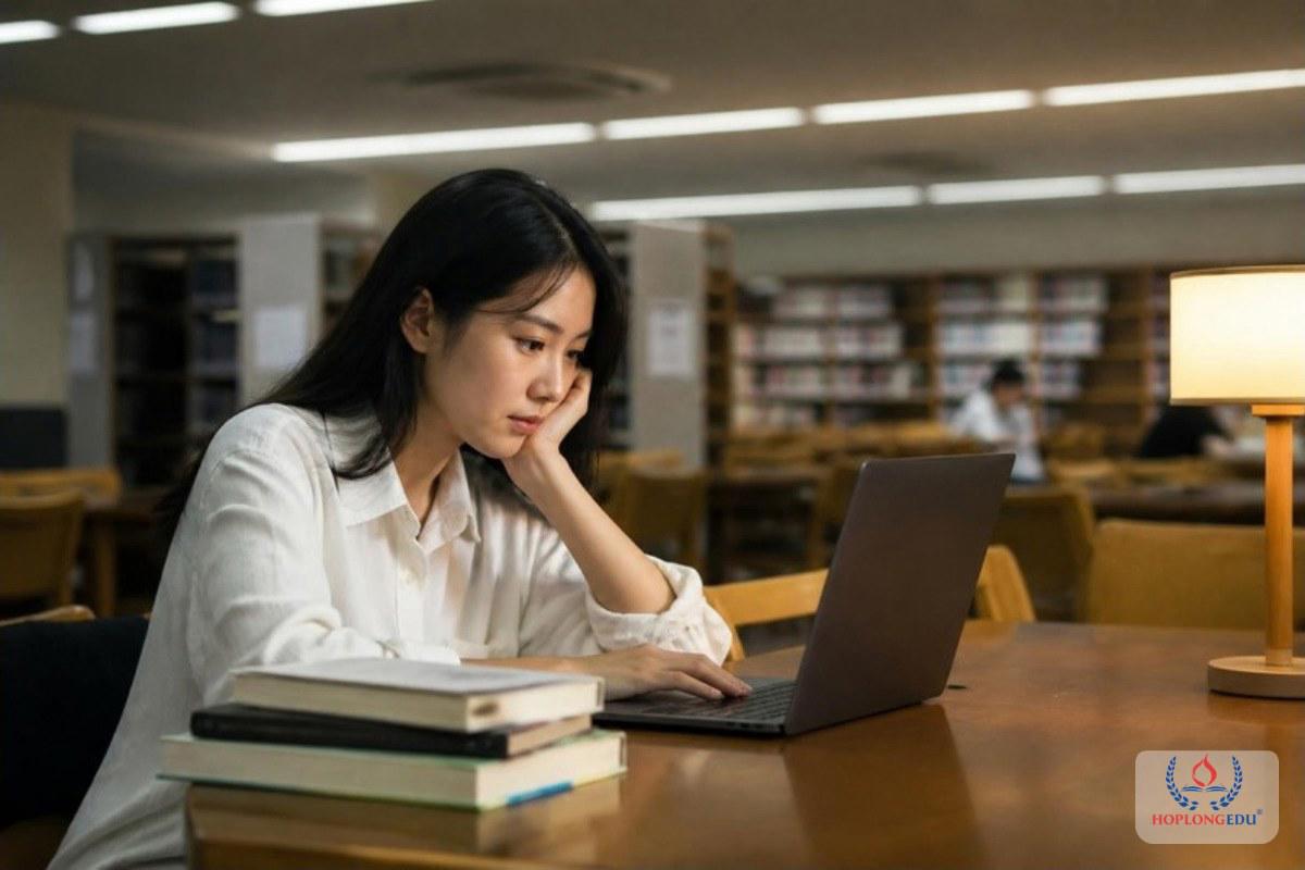 Sinh viên đọc thông báo học bổng trên máy tính trong thư viện