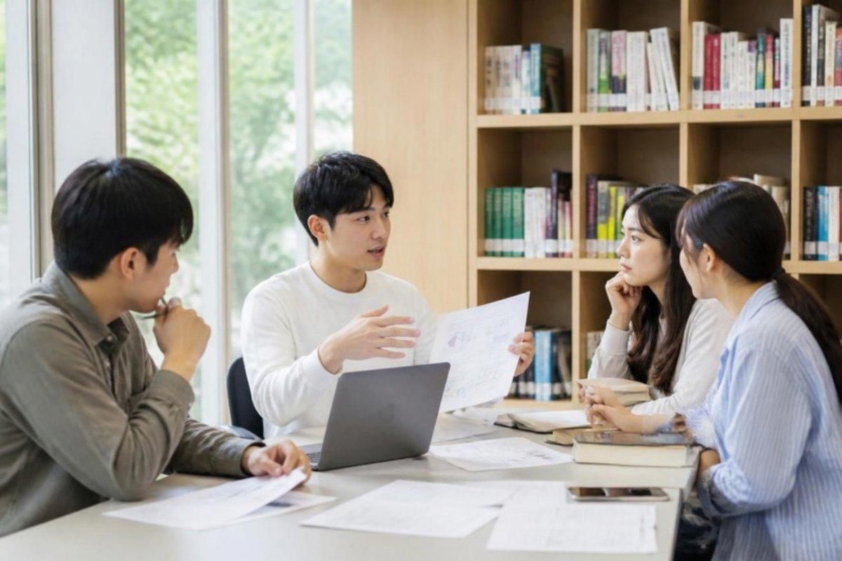 Nhóm sinh viên quốc tế làm bài tập nhóm trong phòng học của thư viện trường