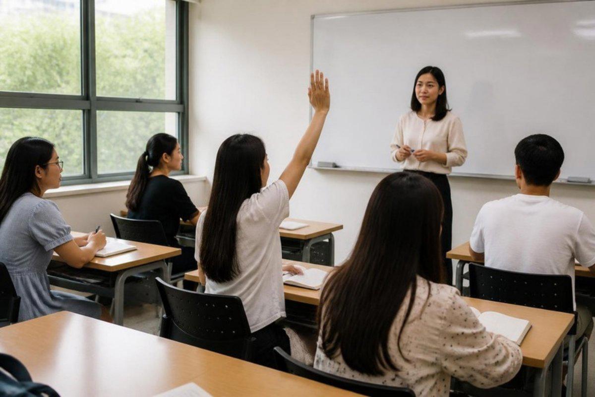 Lớp tiếng Hàn nhỏ, du học sinh giơ tay hỏi giáo viên