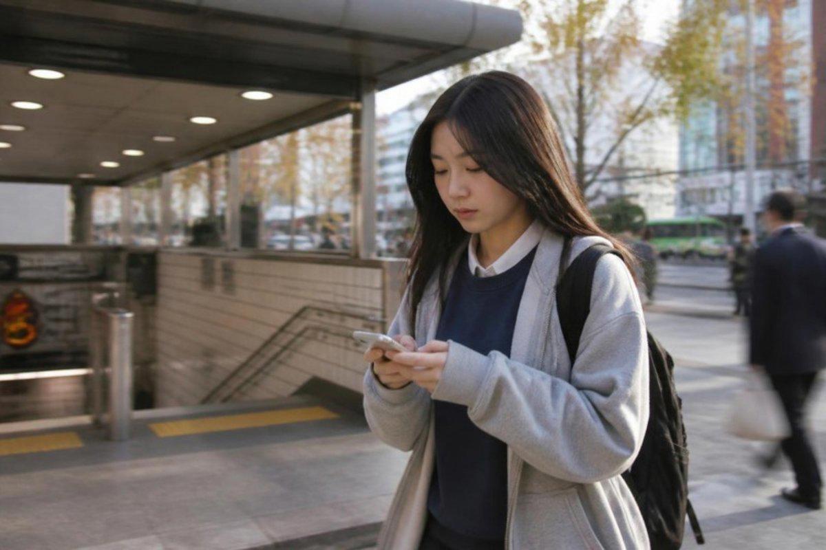 Du học sinh vừa đi nhanh tới ga tàu điện vừa nhắn tin báo giáo viên sẽ đến muộn