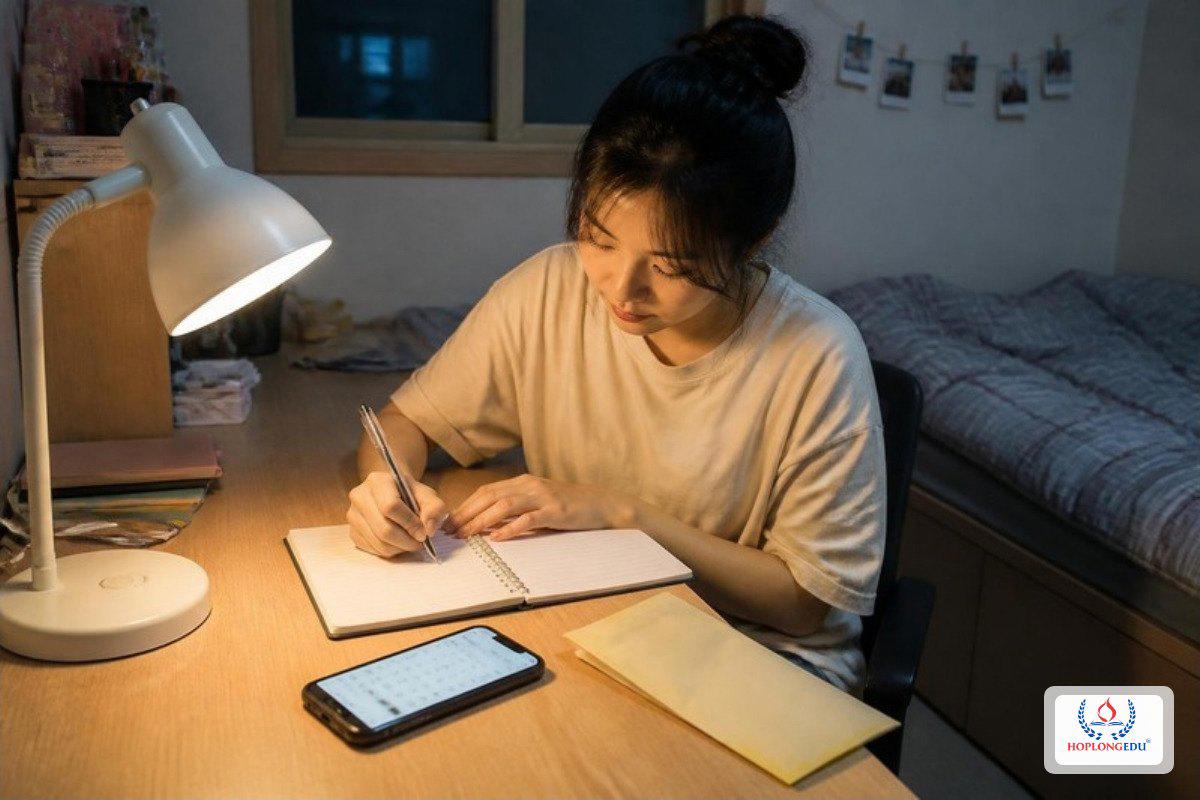 Du học sinh ghi lại giờ làm thêm trong tuần vào sổ tay tại phòng ký túc xá