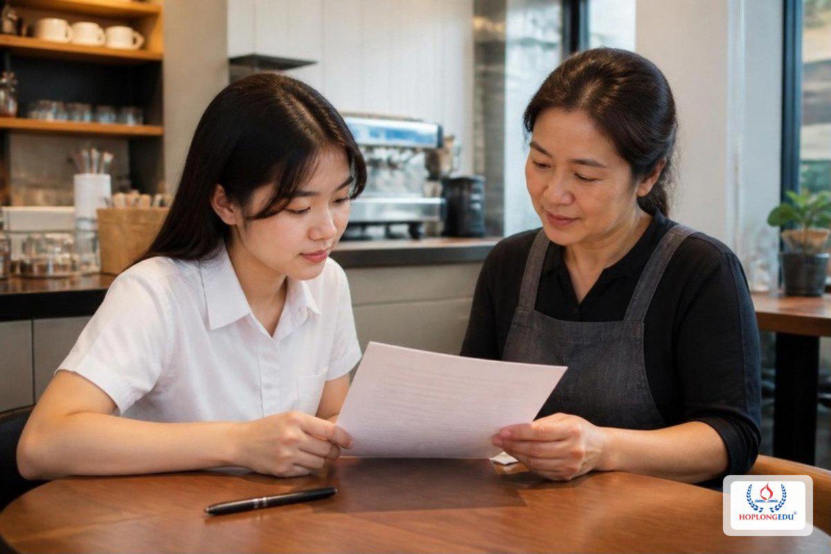 Du học sinh cùng chủ quán cà phê đọc kỹ hợp đồng làm thêm trước khi ký