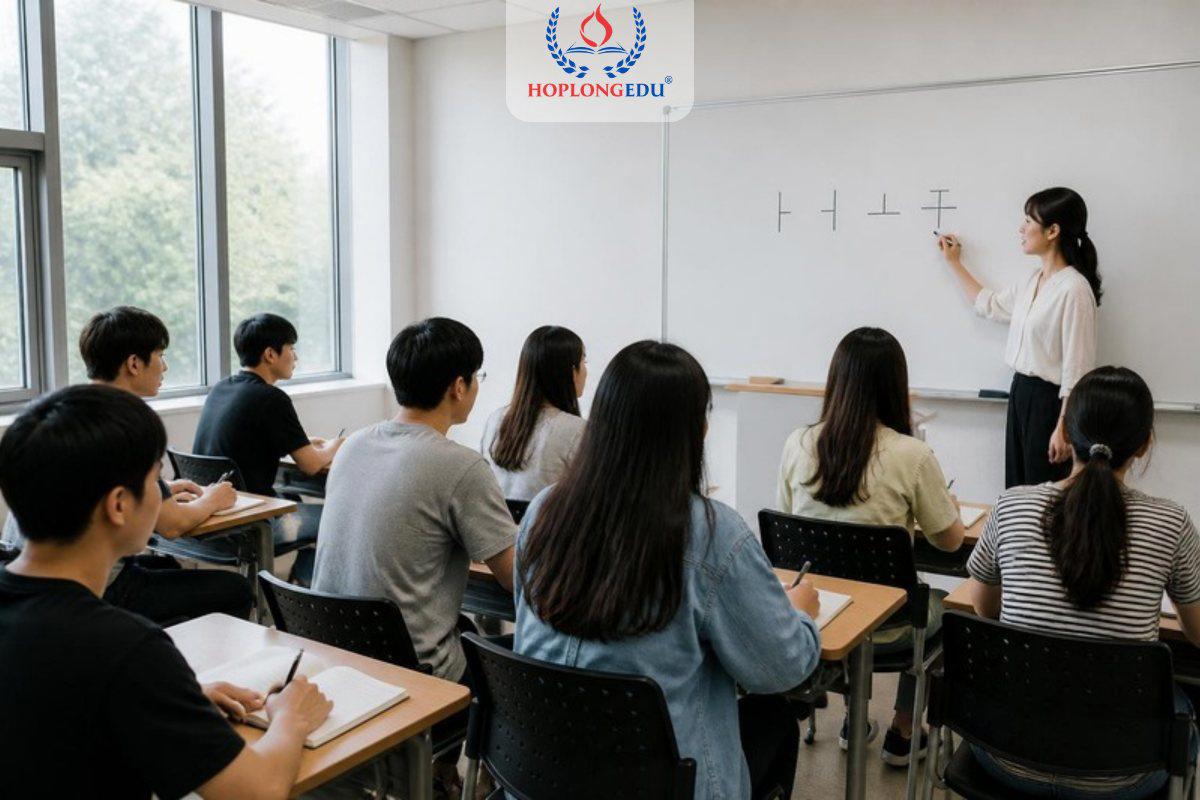 Lớp học tiếng Hàn cho du học sinh, giáo viên viết nguyên âm Hangul lên bảng