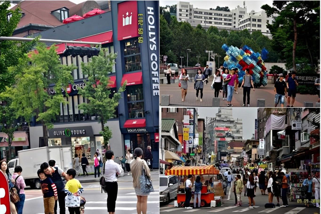 Ghép ảnh phố Hongdae gần Đại học Hongik với quán cà phê, cửa hàng mỹ phẩm, xe hàng rong và dòng người đi bộ